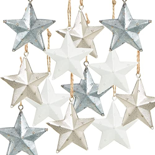 12 Sterne-Anhänger aus Metall 5 cm – in Silber, weiß & grau – Weihnachtsbaumanhänger & Festliche Deko zum Aufhängen – Logbuch-Verlag