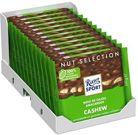 Ritter Sport Cashew (12 x 100 g), Vollmilchschokolade gefüllt mit gesalzenen Cashews, Tafelschokolade, Schokolade mit Nüssen, Nuss-Klasse