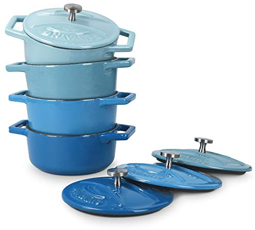 Navaris Mini Cocotte Set - 4x Gusseisen Mini Topf Blau - Optimale Wärme Distribution - Mini Auflaufform mit Deckel - Kleine Dessert Töpfe - Auflaufförmchen backofenfest