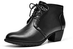 VJH confort Women's Ankle Boots,Lace-up Round Toe Comfortable Low Heel Dress Booties with Side Zipper (black smooth,7)