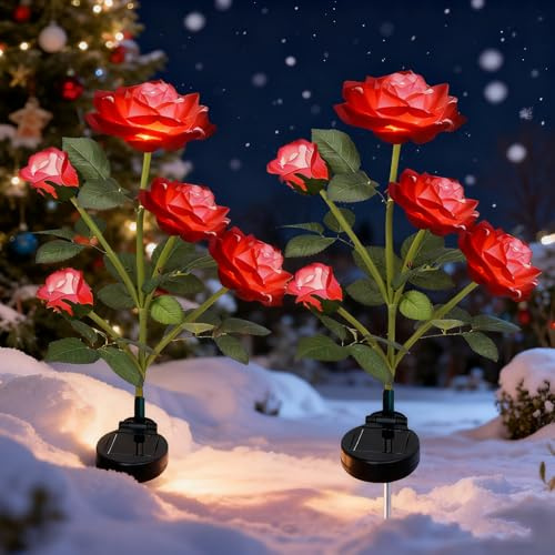 Lampe Solaire Exterieur- Lumières de chemin solaires Lampes solaires à LED extérieures décoratives avec 10 fleurs roses Pour Extérieur, Cour, Patio, Tombe, Cimetière, Décoration De Noë, Bleu (rouge)