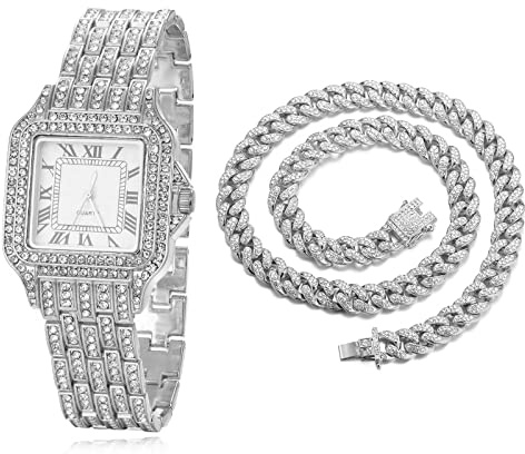 Halukakah diamanter GuldkLocka isad ut, Herr 18K äkta guld/roséguld/platina vitGuldpläterad 33 mm bredd fyrkantig urtavla kvartsArmband 20 cm medlänkkedja Halsband Armband, Gratis Presentask