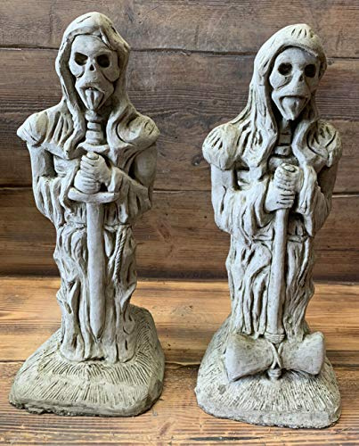 J and L Stone Ornaments Large Pair of Standing Gargoyle Grim Reaper Statue, Gray, Garden Statue, Stone, Gothic/Dark Fantasy