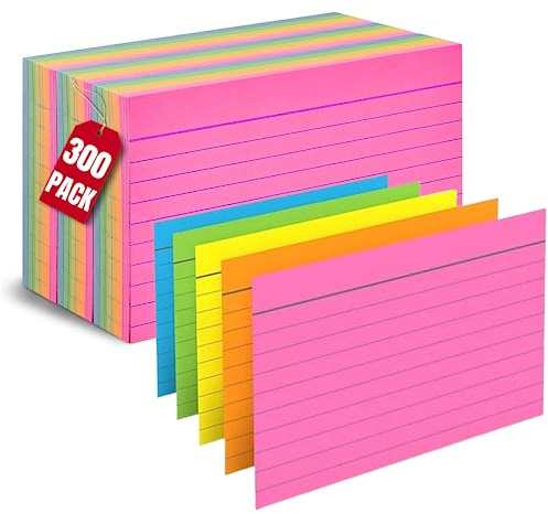 1InTheOffice Ruled Neon Index Cards 3x5, Ruled Index Cards, Assorted Neon Color, 300 Pack
