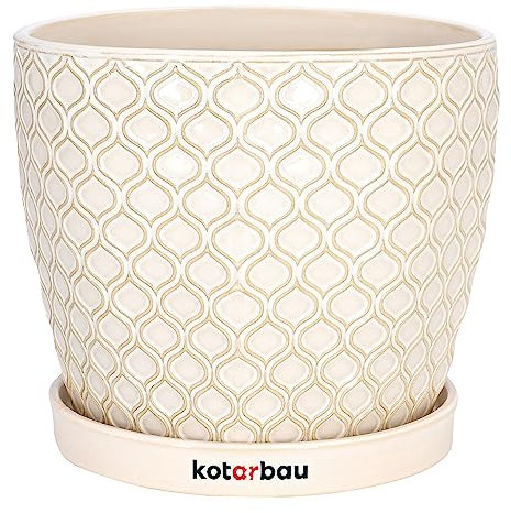 KOTARBAU® Maceta de cerámica esmaltada, Ø 17 cm, Tiesto Decorativo para Plantas, Macetero con Plato Redondo para Interiores, Minimalista, Crema, Beige, Macetas Elegantes, Estilo clásico, Maceteros