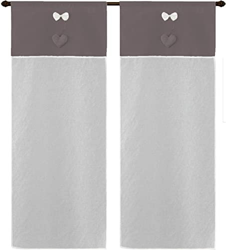 Par de cortinas de panel con trabilla única Art Newark tejido efecto lino de poliéster con aplicación lazo con corazón y cuerda ideal para todo tipo de ventanas, tamaño 60 x 240 cm dis heart gris