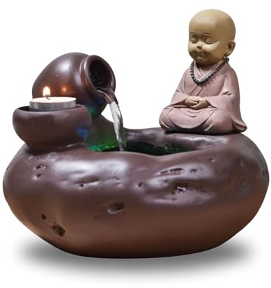 Inomhusfontän natur burk staty Buddha avtagbar färgglad LED-ljus, bordsdekoration kontor vardagsrum, ljushållare, levande rörlig dekor, presentidé för alla tillfällen, H 40 cm - Zen'Light Medina