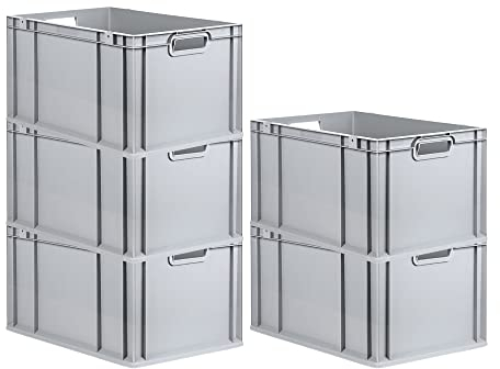 PROREGAL SparSet 5x Eurobox NextGen Grip | HxBxT 32x40x60cm | 65 Liter | Griffe offen | Grau | Eurobehälter, Transportbox, Transportbehälter, Stapelbehälter