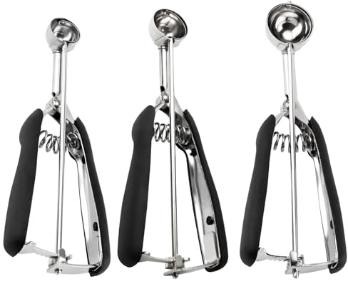 Kleines Keksschaufel-Set – 3-teiliges Set enthält 1 Teelöffel, 2 Teelöffel, 3 Teelöffel, Keksschaufeln zum Backen, aus 18/8 Edelstahl, gute weiche Griffe, schnelle Auslöserfreigabe