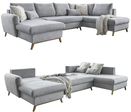 MIUFORM Scandic Lagom mit Bettkasten | 8 Sitzer Sofa | U-Form rechts | 312x202x90cm Couch | Klappsofa mit Schlaffunktion (Hellgrau) | Ecksofa mit Schlaffunktion, Schlafsofa mit Bettkasten, Sofa U Form mit Chaiselongue, 312x202x90 cm Couch, Big Sofa Bed