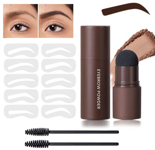 Eyebrow Stencil Kit - Eyebrow Stamp Stencil Kit - 3 in 1 Hairline Shadow Powder with 10 Styles Reusable Eyebrow Stencils, 2 Eyebrow Pen Brushes (Dark Brown)
