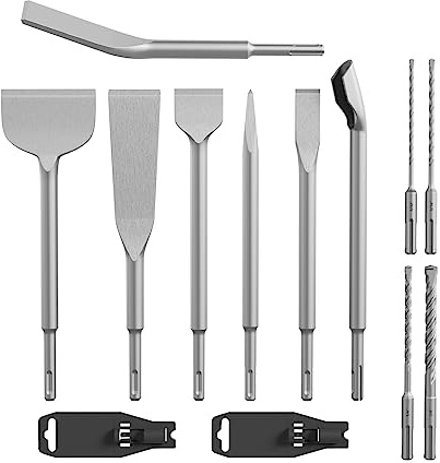 GSTK 11PCS Carbide SDS PLUS Chisel Set, SDS PLUS Drill Rotary Hammer Bits Drill Cleaning Concrete Tile Set Drill Chisel Set, Ideal for Removing Tiles, Mortar, Bricks, Stones, Concrete, Blocks
