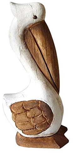 ROCKING GIFTS Dekofigur aus Holz Pelikan, Weiss und braun, Originelle Innen- & Außendekoration, Garten & Balkon, 20 cm