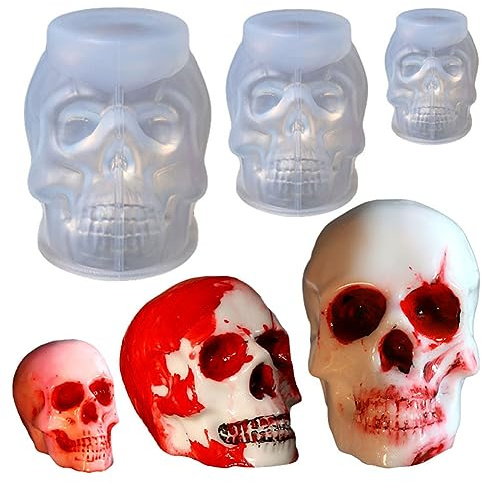 ZOOMPIL 3D Moule en Silicone Crâne, Moule à DIY Forme Bougies, Transparent | 3 Tailles, Moule en Antiadhésif, les Décorations de Crâne D'Halloween et L'artisanat Gothique, Silicone à Dégagement Facile