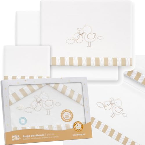 mibebestore Bebe Juego De Sábanas Franela Conjunto 3 Pcs Minicuna 50x80 100% Algodón Blanco/Beige - Hecho en España