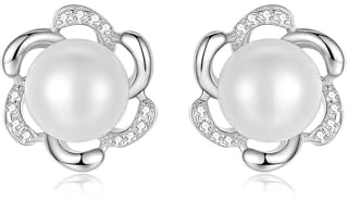 ankbrats 925 sterlingsilver pärlörhängen för kvinnor, allergivänliga blommor pärlor örhängen med zirkon, fashionabla eleganta sötvattenspärlor örhängen gåva för kvinnor flickor, Silver