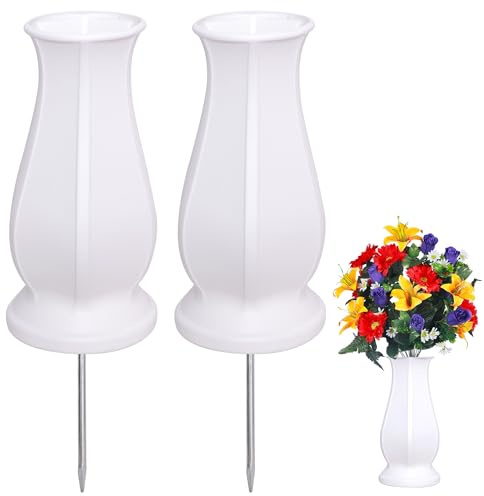 Cemetery Grave Vase for Fresh/Artificial Flowers,Memorial Flowers Holders with Long Spike Stake for Garden, Lawn, Yard,Memorial Grave Decorations (2, White)