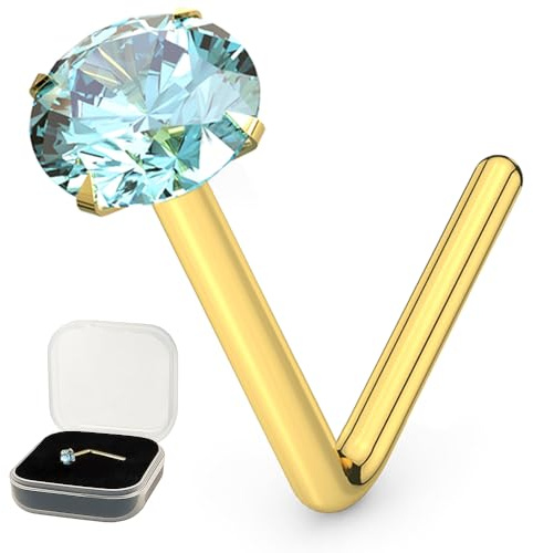 AZARIO LONDON Piercing de nariz en forma de L de oro amarillo macizo de 9 quilates, calibre 24 (0,5 mm) con piedra preciosa de cristal, piercing de nariz pequeño, calibre 24, joyería de piercing de