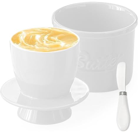 Butterdose Keramik, Französische Butterdose mit Buttermesser, Keramische Butterglocke mit Deckel, Butterdose Wassergekühlt mit Wasserlinie, Butterdose Porzellan für Streichfähige Butter(Weiß)