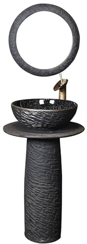 ZTGL Freistehende Standwaschbecken, Säulen-Waschplatz mit Wasserhahn und Abfluss-Kombinat, Retro-Design Waschtisch Waschbecken aus Handgeschnitzte Keramik,with Mirror