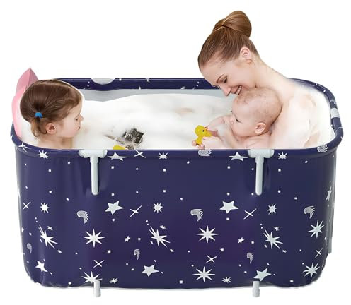 Warmiehomy Portable Foldable Bathtub for Adults,120X50X55cm Freestanding Soaking Bathtub with Cushion and Backrest,Hot Bath Ice Bath SPA Tub for Shower,Folding Bathtub for Adults Kids,Starry Blue
