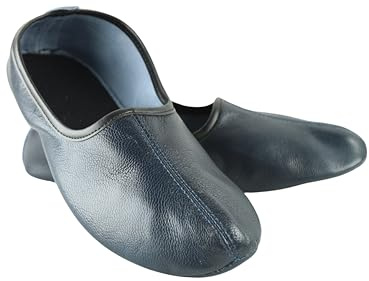Akdam Mens Indoor Leather Slippers Dark Blue Traditional Babouche House Shoes Barefoot Moccasin (Size 9.5)