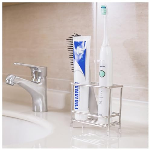T.R.Sani. Small Toothbrush Holders for Bathrooms, Toothbrush and Toothpaste Holder for Countertop, Bathroom Accessories for Razor, Comb's Storage-Two Slots, Stainless Steel, Silver