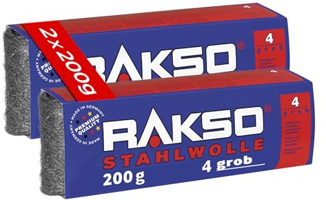 RAKSO Stahlwolle grob 4-400 g, 2 Banderolen à 200g, entfernt Öl, Fett auf Metall, reinigt Natur, Kunststein, anschleifen von altem Holz