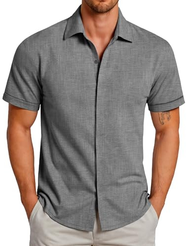 GLESTORE Hemd Herren Kurzarm Sommerhemd Hemden Freizeithemden für Männer Kurzarmhemd Grau L
