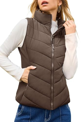 Dokotoo Women's Quilted Vest Fahion Stand Collar Lightweight Zip Up Vest Sleeveless Outerwear Jacket White Coats for Women Brown Vest with Pockets Small