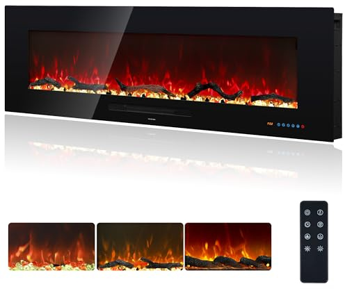 Oxhark Flame Elektrokamin Wandmontage, 13 Farbmodi LED flammeneffekt, Timer - Funktion, 152 cm Kamin Heizung Glas-Touchscreen und Fernbedienung,1500W(60)