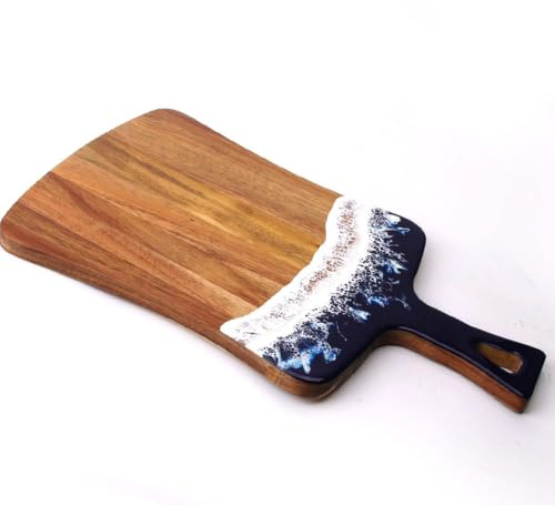 Natural Wood Ocean Wave Cutting Board with Handle, Epoxy Resin Wave, Corporate Gift, Realtor Gift, Cheese Board, Charcuterie Board (Board with Handle 14.2”x8.7”)
