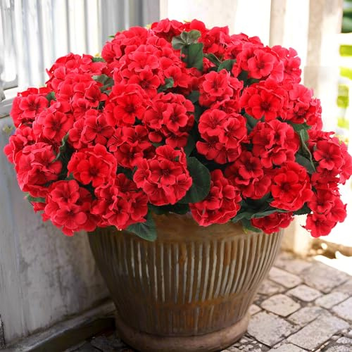 Hananona Künstliche Geranien-Blumen für den Außenbereich, Seide, Geranie, Blumen, Outdoor, UV-beständig, Gartenpflanzen, Kunstblumen für Zuhause, Küche, Tisch, Tafelaufsätze, Dekoration (12, Rot)