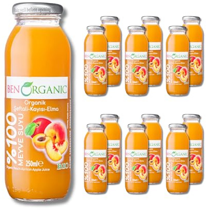 BenOrganic - Organic Peach, Apricot, Apple Juice – Glass Bottles (12 x 250ml), 100% Natural Fruit Juice Drink, No Sugar, No Additives, Not from Concentrate