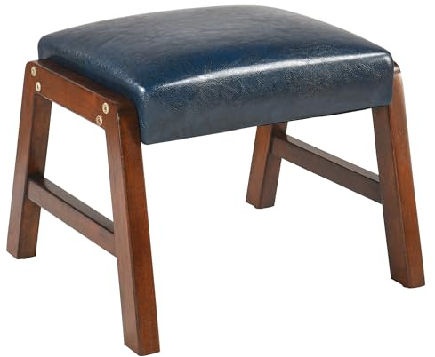 Fußhocker Ottomane, Sitzhocker Moderne Akzent Schritt Hocker Sitz mit Massivholz Beine, Ottomane Fußstütze für Couch, Wohnzimmer, Schlafzimmer, Eingang und Büro, PU Blau JT-P2AD-LB