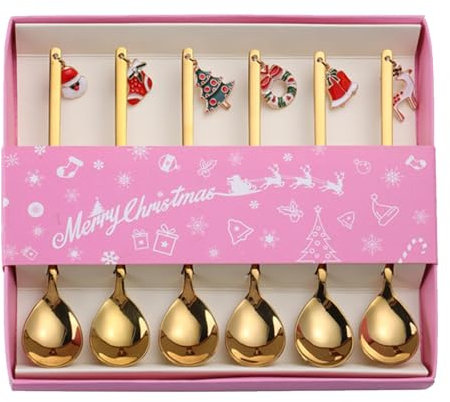 Cucchiai di Natale in acciaio inox,set di cucchiai di Natale in acciaio inossidabile - Cucchiaino da caffè Cucchiaini da tè 6 pezzi - Cucchiai da posate di qualità alimentare