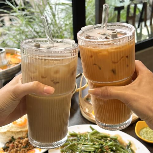 2 vasos de cristal con tapa y pajita, 600 ml, vasos de café, vasos de cerveza, vasos de viaje, vaso de batido, diseño a prueba de fugas, para café, cócteles, té