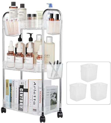 Speclux 3-Tier Clear Acrylic Rolling Storage Trolley on Wheels with Bonus Hanging Cups, Lockable Wheels & Handle - Multipurpose Utility Cart for Kitchen, Bathroom, Laundry, Craft, Book & Snack Storage