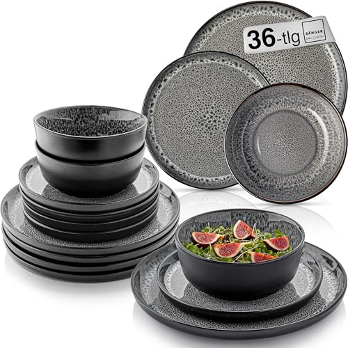 SÄNGER Sydney Steingut Geschirr Set 36 tlg, Teller Set 12 Personen | 12x Speiseteller 12x Müslischalen 12x Dessertteller, Tafelservice dunkel grau kratzfest Essgeschirr