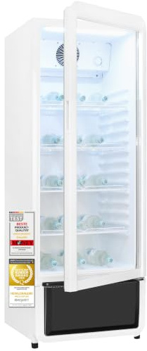 Exquisit Getränkekühlschrank 240 l - Glastürkühlschrank mit LED & Umluft | Gewerbe-Kühlschrank für Gastro & Kiosk, 4 Ablagen, automatische Abtaufunktion, effiziente Umluftkühlung, Isolierglastür