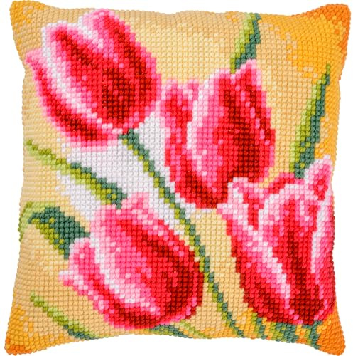 Vervaco Kit Cuscino Punto Croce TULIPANI Set Ricamo Principianti Cuscini Gobelin Decorativi ca. 40 x 40 cm Accessori Per Lavoretti Creativi DIY Casa Decor Hobby Adulti Cross Stitch