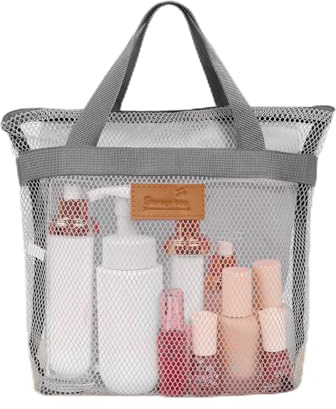 Minicoco Shower Caddy Bag with Hanging Hook Large Mesh Toiletry Organiser, Quick Dry Portable Tote for Gym, Swimming Pool & Travel Foldable, Waterproof Base (Grey)