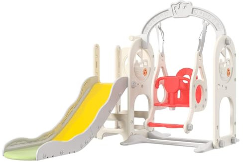 Tobogán Infantil Interior, tobogán con Columpio Bebe con Canasta Baloncesto toboganes Infantiles Exterior con Escalada columpio infantil Interior Parque Infantil con Tobogán y Columpio (6 en 1 Blanco)