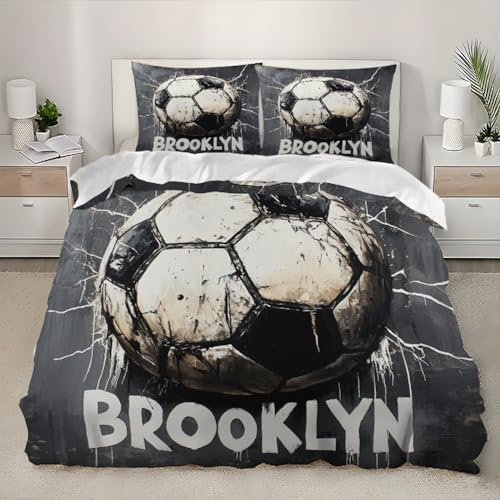 Set di Biancheria da Letto 3D 155x200 cm Tema Calcio Sportivo Set Copripiumino Singolo 3 pezzi Morbido e Confortevole Microfibra Grigio Copripiumino per Bambini Adulti