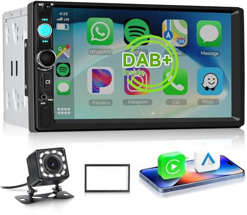 Double Din DAB Car Stereo with Apple Carplay Wireless Android Auto, Hodozzy 7 HD IPS Touchscreen 2 Din Car Radio with Bluetooth 5.2 EQ FM SWC Reversing Camera+USB/TF Card/Aux Ports+Frame