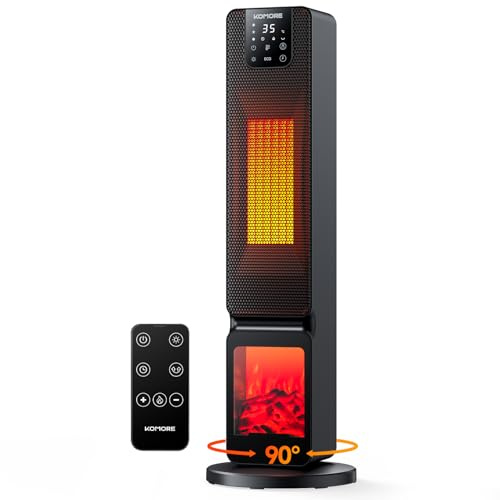 KOMORE Heater with Fireplace, 2000W Electric Heater for Home, 90°Oscillation PTC Fan Heater, LED Display, 4 Modes, ECO Adjustable Temperature, 12H Timer, Remote Control, Overheat & Tip Over Protection