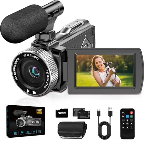 Caméscope 4K 30FPS Caméra Vidéo 48MP, Zoom Numérique 18X Camescope, Écran LCD de 3Rotatif à 270° Camera Vlog pour Youtube, Camcorder Video Camera avec Carte Mémoire 32 Go, Télécommande, Mic, 2 Piles
