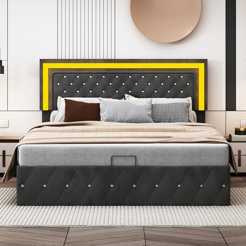 BRYXR 160 x 200 cm Doppelbett, Hydraulisches Bett mit LED-Beleuchtung und Stauraum, Schwarz Samtbett mit Verstellbarem Kopfteil, Elegant und komfortabel, Ohne Matratze