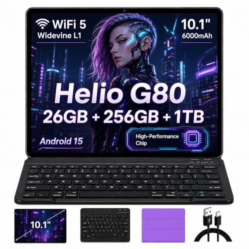 UXD Tableta Android 15 de 10 pulgadas con teclado y mouse, 16 GB de RAM, 512 GB de ROM, Octa-Core, 4G LTE Dual SIM WiFi, batería de 8000 mAh, GPS, paquete de tableta 2 en 1 con funda para trabajo