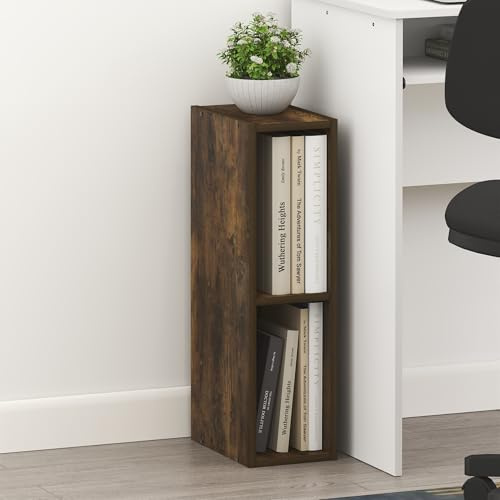 Furinno FULDA Book Shelf, 2-Tier Narrow Bookshelf, Bookcase with 15.2cm Width Storage Shelf, 23.6(D) x 15.0(W) x 53.8(H) cm, for Living Room, Bedroom, Home Office, Amber Pine